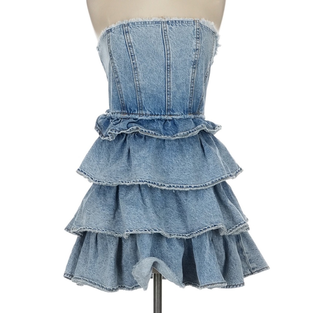 Strapless Denim Ruffle Dress